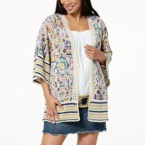 Democracy Crochet Trim 3/4-Sleeve Floral Print Topper Size L